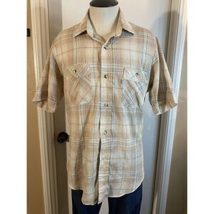 VTG Levis Button Up Shirt Mens Medium M Beige Blue Short Sleeve No Bottom Button